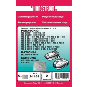 Dammsugarpåsar till Panasonic, Samsung och National dammsugare 5-pack. Se bilden för vilka dammsugare dessa passar till. Haneström H451