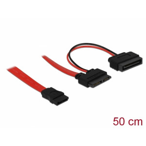DELOCK 84418 SATA-kabel Slim 13pin till SATA 7pin + SATA 15pin 0,50m Denna SATA Slimline ALL-in-One-kabel används för att ansluta enheter med en SATA Slimline-port, såsom CD/DVD-enheter