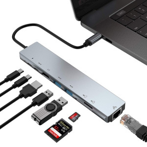 USB-C Dockningsstation HDMI+RJ45+USB3.0x2+PD+CR 102667