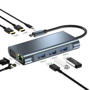 USB-C dockningsstation 8 i 1 - HDMI x 2 VGA RJ45 USB 3.0 PD