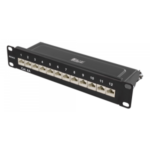 10" patchpanel, 12xRJ45, Cat6a, STP, 10Gbps, Krone-plintar, metall, svart 10-PATCH15