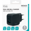 DELTACO USB wall charger, 1x USB-A 18 W, 1x USB-C PD 20 W, black USBC-AC148