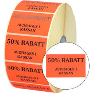 Etikett 50x30mm fluor röd, 50 % Rabatt avdrages i