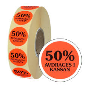 Rund 29 mm, 50% avdrages i kassan, röd fluor