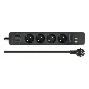 Delock Grenuttag Surge Protection, 3x USB-A, 4 kontakter, 1,5m Black