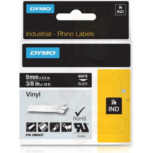 Rhino Professional, vinyl tape, 9mm, white text on black tape, 5.5m 1805437