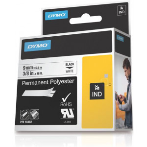 Rhino Professional Markable Permanent Polyester Tape, 9mm, black text on white tape, 5.5m 18482
