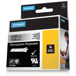 Rhino Professional Markable Permanent Polyester Tape, 12mm, black text on metallic, 5.5m 18486