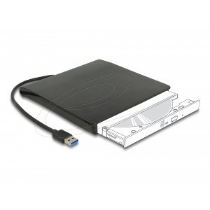 This enclosure by Delock is an external solution for different Slim SATA drives with 12.7 mm height, e.g. DVD-ROM, DVD±RW, Blu-ray etc. Thus the built-in drive will be converted into a mobile drive. For the installation of the drive, no tools are needed. 