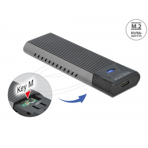 This enclosure by Delock enables the installation of an M.2 PCIe NVMe SSD or SATA M.2 SSD in 2280, 2260 and 2242 format. It can be connected via USB to the PC or laptop. The robust metal housing with cooling fins ensures an optimum temperature of the memo