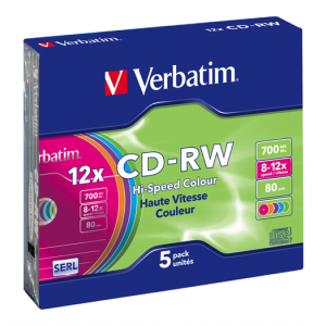 CD-RW, 12x, 700MB/80min, 5-pack slim case, SERL, färgade. 43167