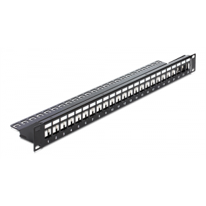19" Keystone Patch Panel 24 Portar, 1U, numrerade portplatser, jordningskabel, svart 43277