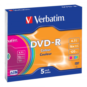 DVD-R, 16x, 4,7GB/120min, 5-pack slim case, AZO, färgade. 43557