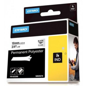 Rhino Professional, permanent polyester tape, 19mm, black text on transparent tape, 5.5m 622290