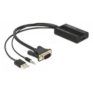 VGA till HDMI adapter, HD15 hane/USB-A hane/3,5mm minitele in, HDMI hona ut, 1080p, 0,2m 62597