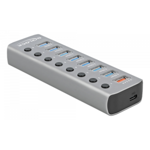 USB 3.2 Gen 1-hubb med 7 portar + 1 Snabbladdningsport + 1 USB-C™ PD 3.0-port, grå 63264