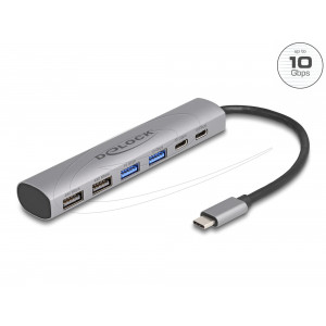 The USB hub by Delock can be connected via USB Type-C™ interface to a PC or laptop. It has four USB Type-A connectors as well as two USB Type-C™ connectors. Different USB devices such as docking stations, card reader, external enclosure etc. can be connec