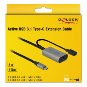 Aktiv USB 3. 1 Gen 1-förlängningskabel USB Type-C, 5 m, svart/grå 85392