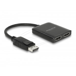 This splitter by Delock receives a DisplayPort signal from a PC or laptop and splits it to two connected displays. Thereby one DisplayPort connection can be used to operate two HDMI monitors.The product is a Multi-Stream Transport (MST) hub and supports t