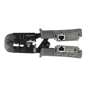 Crimp tool with stripper and network tester for 8P (RJ45), 6P (RJ12/11) or 4P (RJ10) plugs 90510