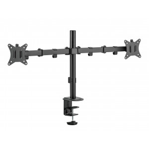 Monitor desk mount that provides stable support for two 13” to 32” monitors up to 9kg(19.8lbs) per arm. Flexible design for ample adjustment and viewing angles, adjustable for either portrait or landscape orientation. Grommet and clamp mounting options in