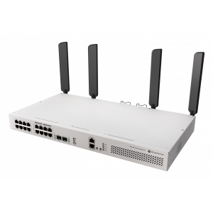 The Wi-Fi version of CRS418... with our strongest 4x4 MIMO Wi-Fi 6! L3 HW offloading, quad-core 2.2 GHz ARM CPU, 16x Gigabit Ethernet ports + a Gigabit management port with a direct CPU line, 2x 10G SFP+ ports, PoE-out. CRS418-8P-8G-2S+5axQ2axQ-RM