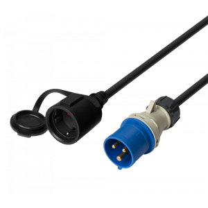 Jordad adapterkabel, 1-fas med CEE-don till Schuko, IP44, 230 V 16 A, 1 m, svart DEL-124