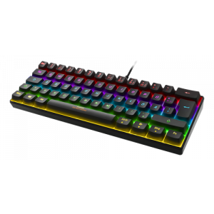 Mini mekaniskt tangentbord, 60% Tysk Layout, RGB, röda brytare, svart. DELTACO GAMING presenterar sitt minsta mekaniska tangentbord i sortimentet. Detta tangentbord kommer med röda RGB-brytare, Tysk layout men med en 60% design d. v. s endast 62st tangent