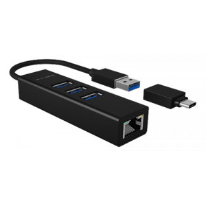 IB-HUB1419-LAN 4-portshub med USB 3. 0-A & USB-C-gränssnitt och Gigabit LAN, svart IB-HUB1419-LAN