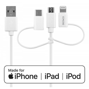 Deltaco USB-A till USB-C, USB Micro B, Lighting
