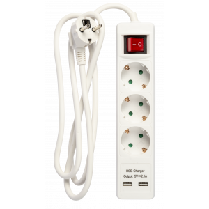 3-vägskontakt jordad, 2xUSB-A (3x1,5mm²), 1,5m KF-B-03KFU