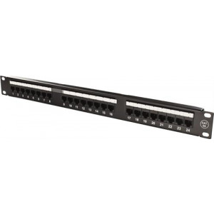 19" patchpanel, 24xRJ45, Cat6a, UTP, 1U, 10Gbps, svart PAN-124