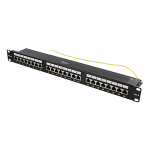 19" patchpanel, 24xRJ45, Cat6, 10Gbps, 1U, STP, metall, svart PAN-201