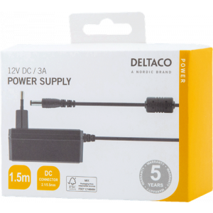 Nätadapter, 100-240V AC 50/60Hz till 12V DC, 3A, 1.5 m, svart PS12-30B