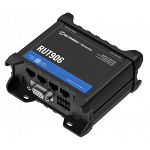 Cellular 4G router for industrial IoT applications, supporting serial interfaces RS232 and RS485, MQTT, BACnet, I/Os, Ethernet, and more. This cellular router is equipped with GNSS and failsafe features such as Dual SIM, auto-failover, and backup WAN. RUT