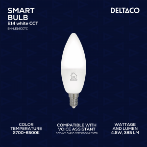 SH-LE14CCTC är en smart LED-lampa som kan placeras i valfri E14-lamphållare. Lampan är dimbar via appen så att du själv kan ställa in önskad ljusstyrka och du kan också ändra färgtemperatur från varmvitt till kallvitt för att få rätt känsla i rummet. Effe