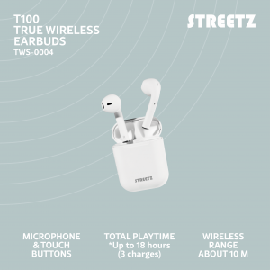 Dessa trådlösa TWS hörlurar från Streetz med mikrofon och knappar för att hantera samtal och media är tillverkade med en ergonomisk passform för att sitta bekvämt i dina öron. Med den senaste Bluetooth 5 standarden erbjuds en längre räckvidd (upp till 10 