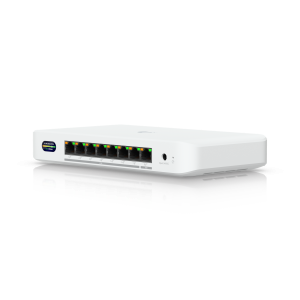 Compact PoE+ switch* with (1) 10 GbE port, (7) 2.5 GbE ports, and 6 GHz-ready WiFi 7 bridging integration for seamless, high-capacity wireless uplink to UniFi WiFi. UDB-Switch