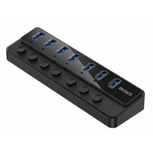 USB-A hub featuring 7x USB-A ports with a data transfer rate of up to 5 Gbit/s. It includes status LEDs, a USB cable, and an AC adapter.The hub is plug and play, requiring no drivers for installation. It's compatible with USB 5 Gbit/s, as well as Windows 