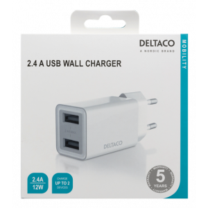 DELTACO väggladdare med dubbla USB-A portar, 2.4 A, 12 W, vit