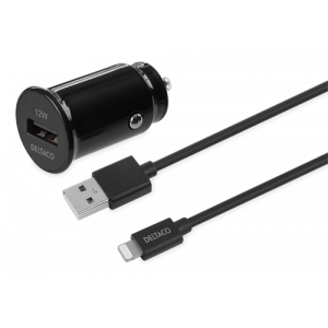 USB billadare med avtagbar USB-C till Lightning kabel, 12 W, 1m kabel, MFI, svart USB-CAR130
