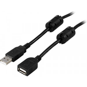 USB 2.0 kabel Typ A hane - Typ A hona 2m, ferritkärnor, svart USB2-12FS