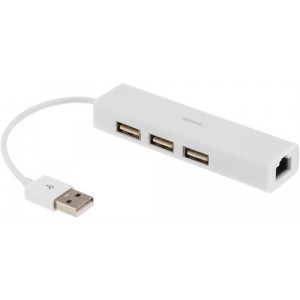 USB 2.0 nätverksadapter med USB-hubb, 100Mbps, 3xUSB, vit USB2-LAN3