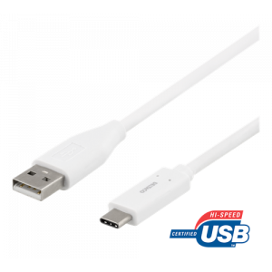 DELTACO USB-C till USB-A kabel, 1m, 3A, USB 2.0, vit