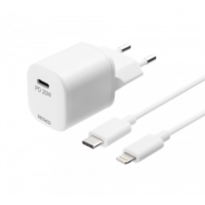 DELTACO USB-C PD väggladdare med avtagbar USB-C till Lightningkabel, 1 m, vit