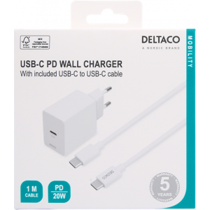 USB-C PD väggladdare med avtagbar USB-C till USB-C kabel, 20 W, 1m kabel, vit USBC-AC146