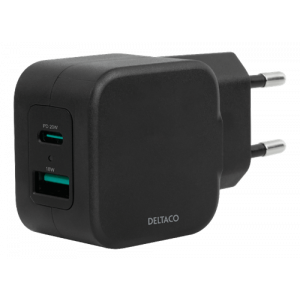 USB-väggladdare med dubbla portar, USB-A & USB-C Power Delivery 20 W, svart USBC-AC148