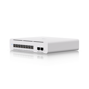 Compact desktop/wall-mountable, professional-grade 8-port, Layer 3 Etherlighting™ PoE++ switch with (8) 10 GbE and (2) 10G SFP+ ports.*Pair with UniFi Enterprise Patch Cable for optimal brightness. USW-Pro-XG-8-PoE