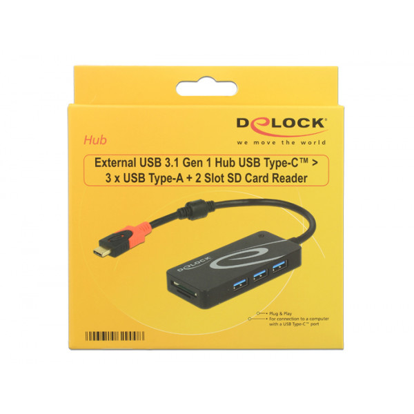 DeLOCK HUB USB 3.0 USB Type-C > 3 Port extern gränssnittshubbar USB 3.0 (3.1 Gen 1) Type-C 5000 Mbit/s Svart
