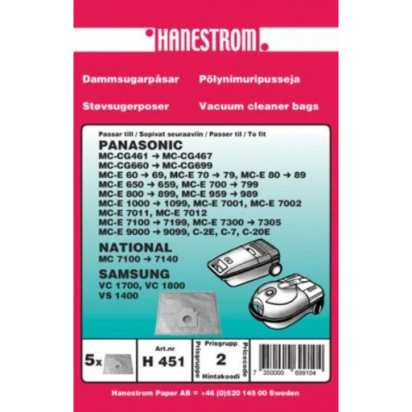 Dammsugarpåsar till Panasonic, Samsung och National dammsugare 5-pack. Se bilden för vilka dammsugare dessa passar till. Haneström H451